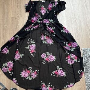Black Floral High-Low Top with Pink Rose Print